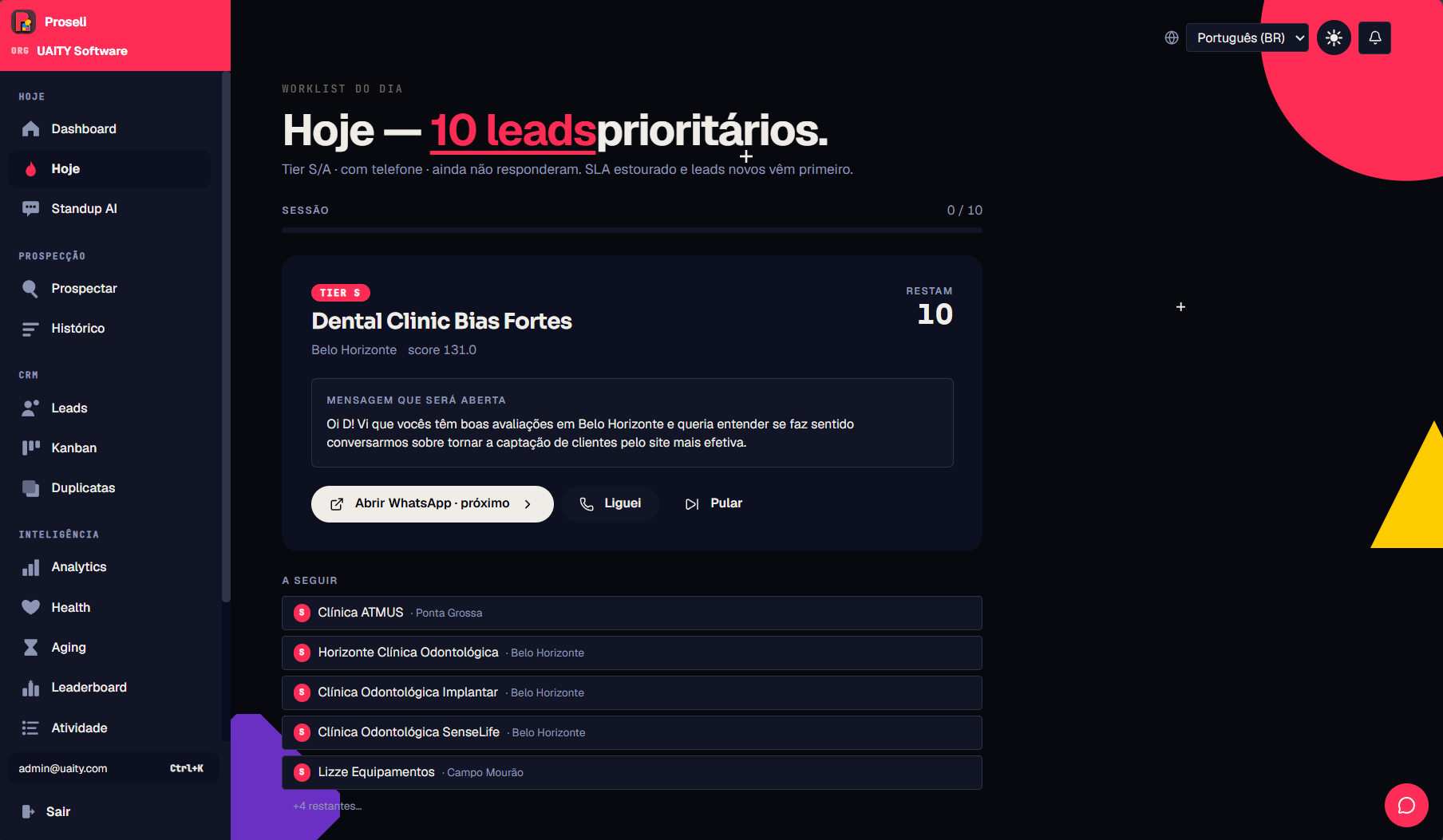 Worklist do dia no Proseli: leads prioritários com mensagem pronta e WhatsApp em um clique